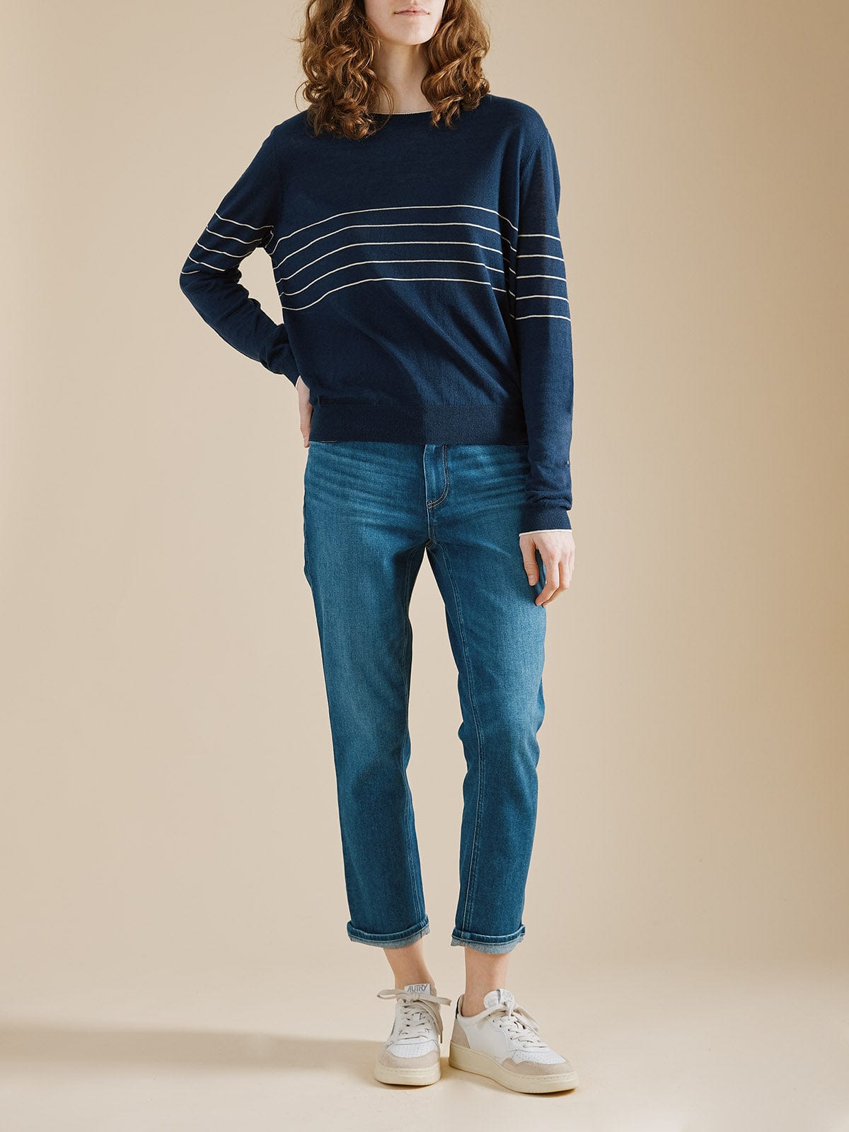 Emi Linen Stripe Top- Navy